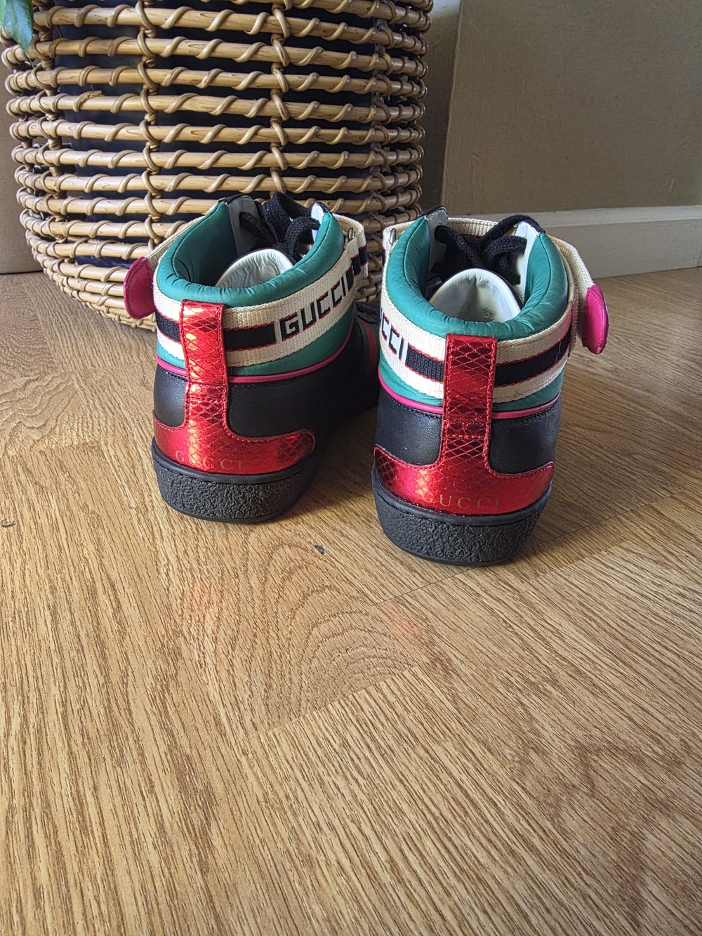Gucci Black Leather High-Top Sneakers with Signature Web Stripe - Picture 4 of 8